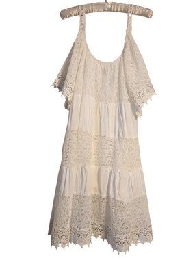 Anandas Collection White Tiered Lace Gauze Cold Shoulder Cottagecore Boho Mini D